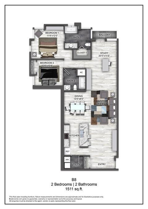 Floor plan for 2 beds, 2 baths, 1511 sqft